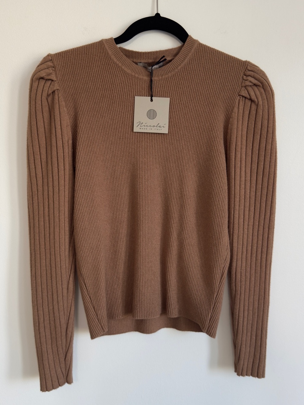 Niccolai Women's Ribbed Knit Sweater Puff Shoulder Long Sleeve Brown Large New